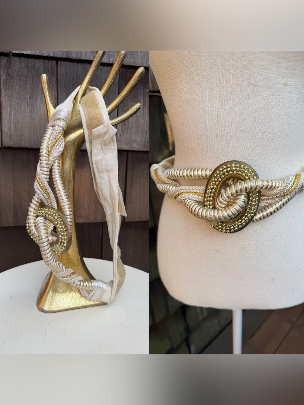 Vintage glam rope belt twisted fabric ivory gold tones fits 28”.